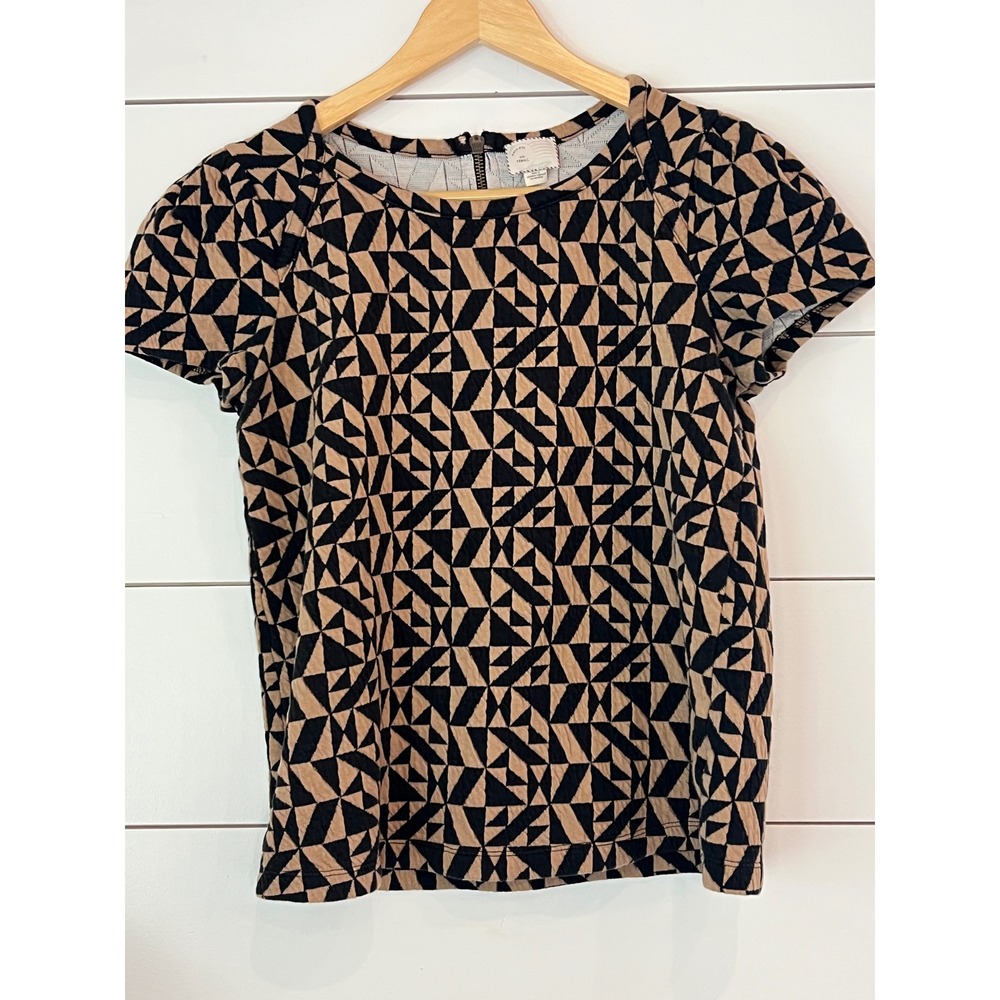 Anthropologie Postmark XS Tan Black Geometric Puff Sleeve Top Cottagecore